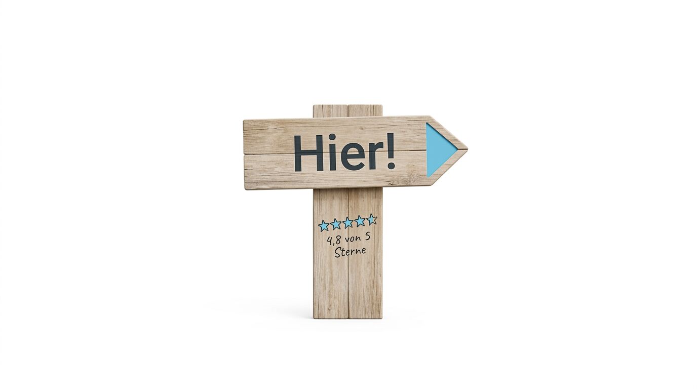 Wegweiser aus Holz mit Aufschrift Hier! und 4,8 von 5 Sternen