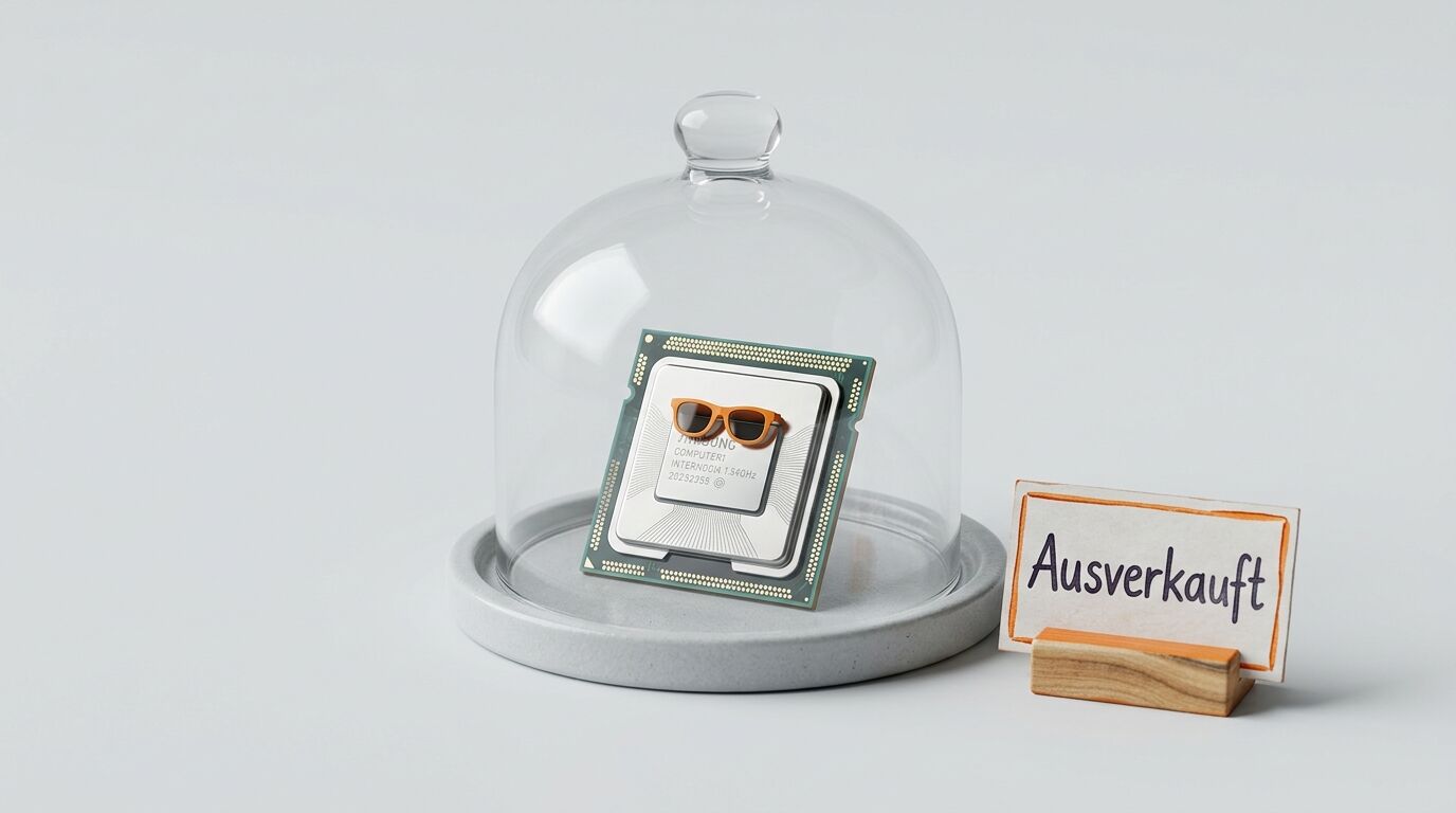 Prozessor mit Sonnenbrille unter Glasglocke und ein „Ausverkauft“-Schild auf grauem Grund