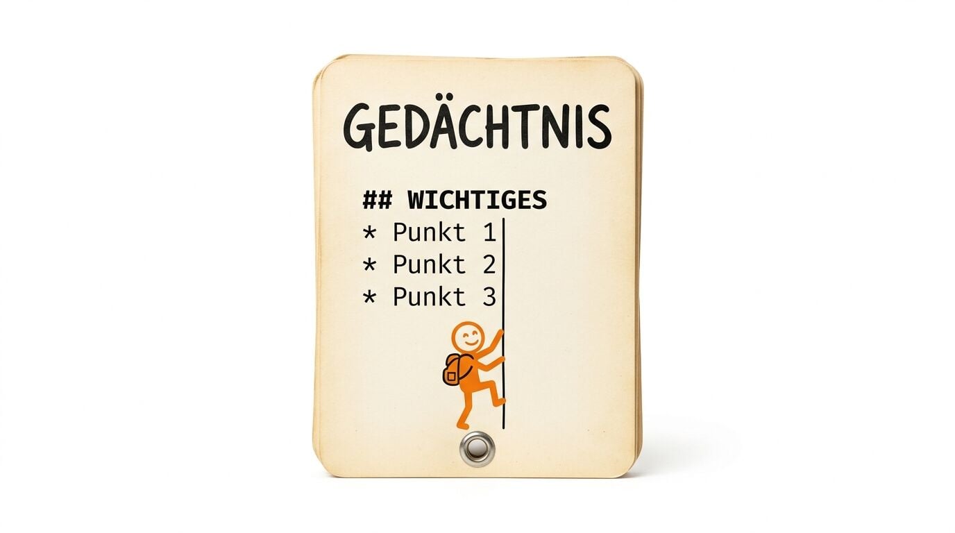 Anhänger mit Text: GEDÄCHTNIS, WICHTIGES, Punkt 1-3. Kletterndes Strichmännchen