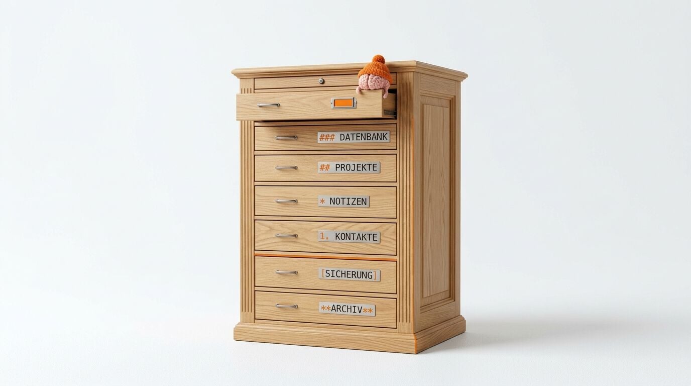 Holzschrank mit beschrifteten Schubladen und einem Gehirn-Plüschtier oben drauf