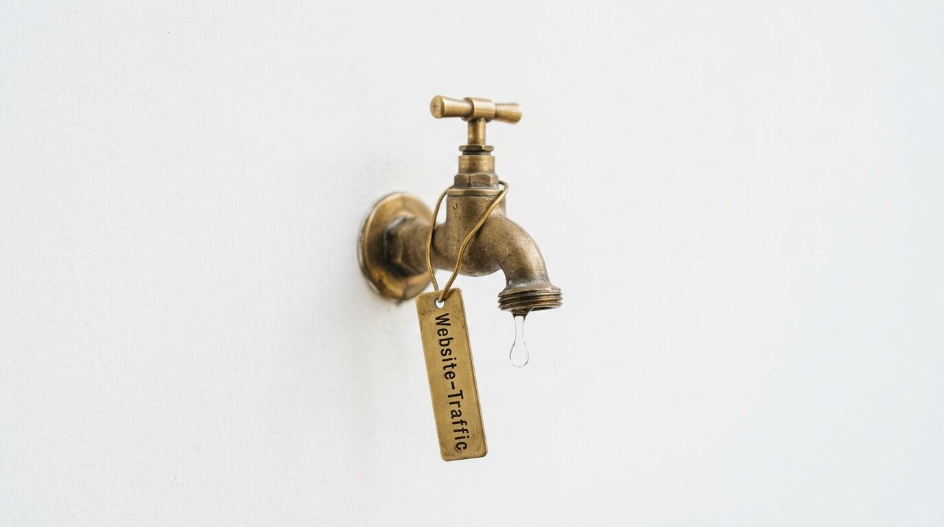Messing-Wasserhahn mit Anhänger „Website-Traffic“ und tropfendem Wasser