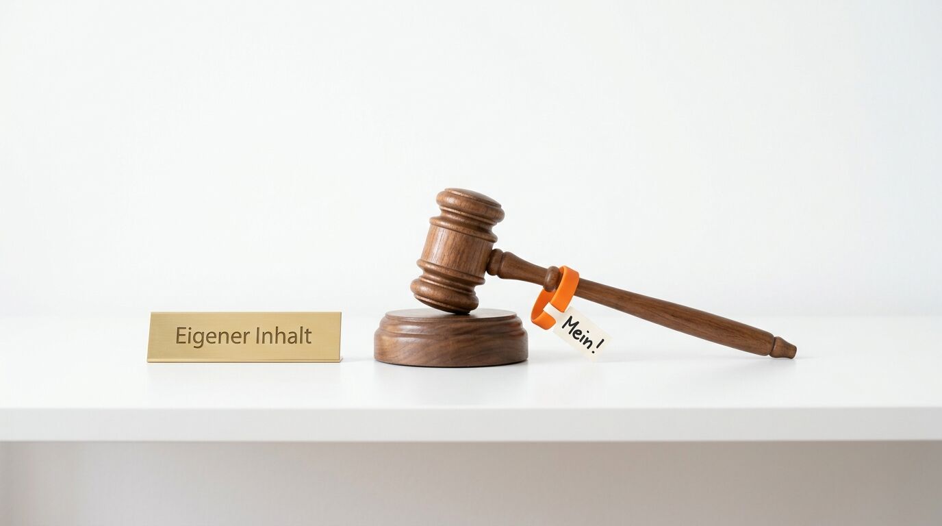 Richterhammer mit „Mein!“-Anhänger neben Schild „Eigener Inhalt“