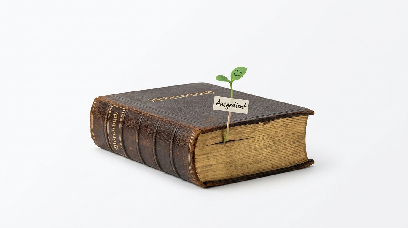 Altes „Wörterbuch“ mit Pflanze, die ein Schild mit dem Text „Ausgedient“ hält