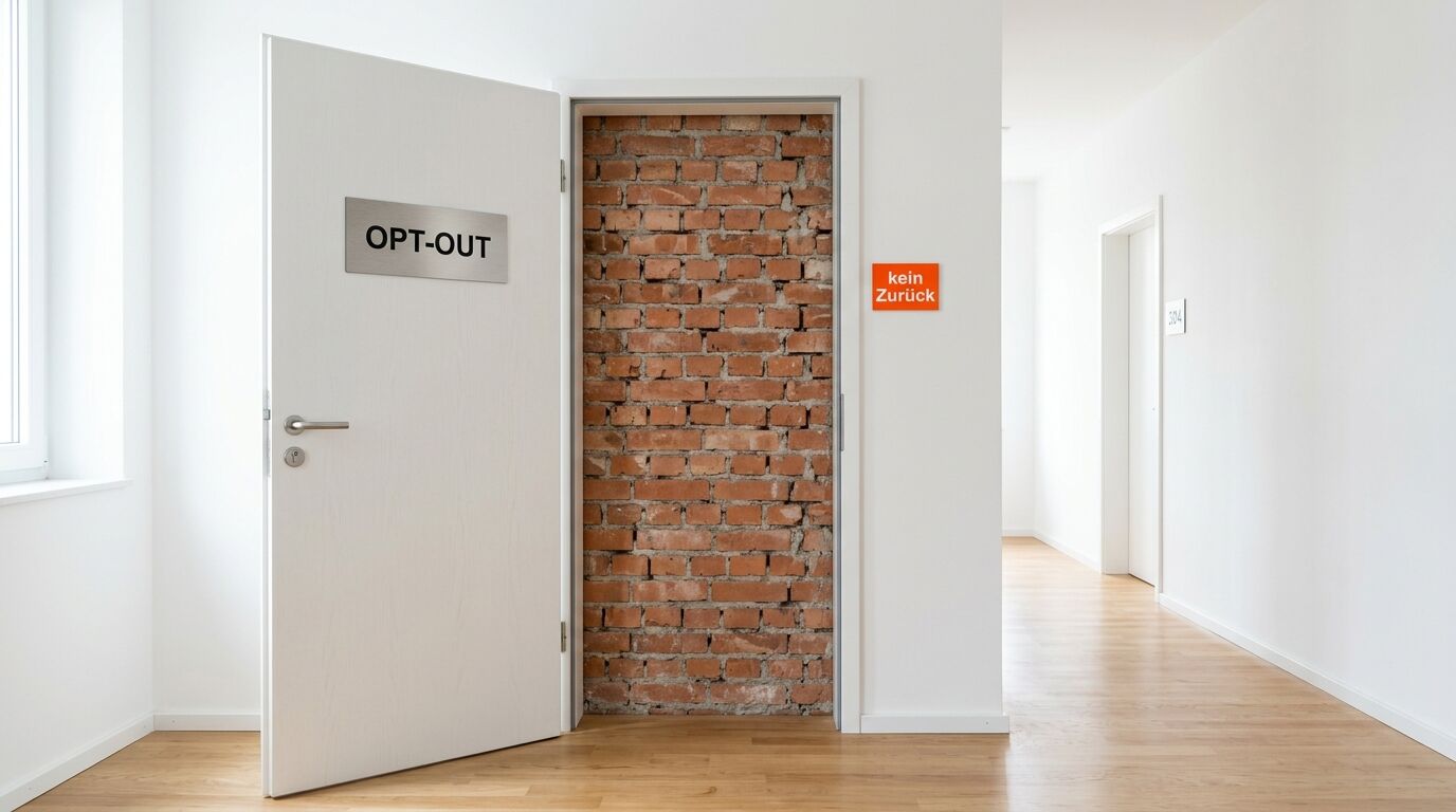 Geöffnete Tür mit „OPT-OUT“-Schild gibt Blick auf eine zugemauerte Ziegelwand frei