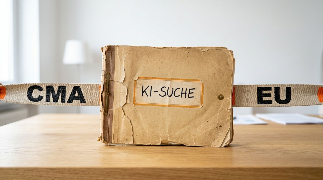 Aktenmappe mit der Aufschrift „KI-SUCHE“ auf einem Schreibtisch, gesichert durch Gurte mit „CMA“ und „EU“