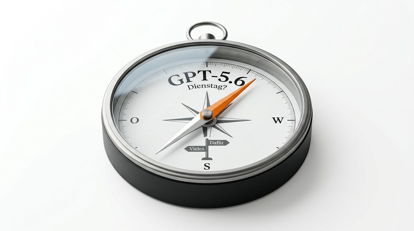 Kompass mit Text „GPT-5.6 Dienstag?“ und Richtungen, oranger Nadel, auf Weiß