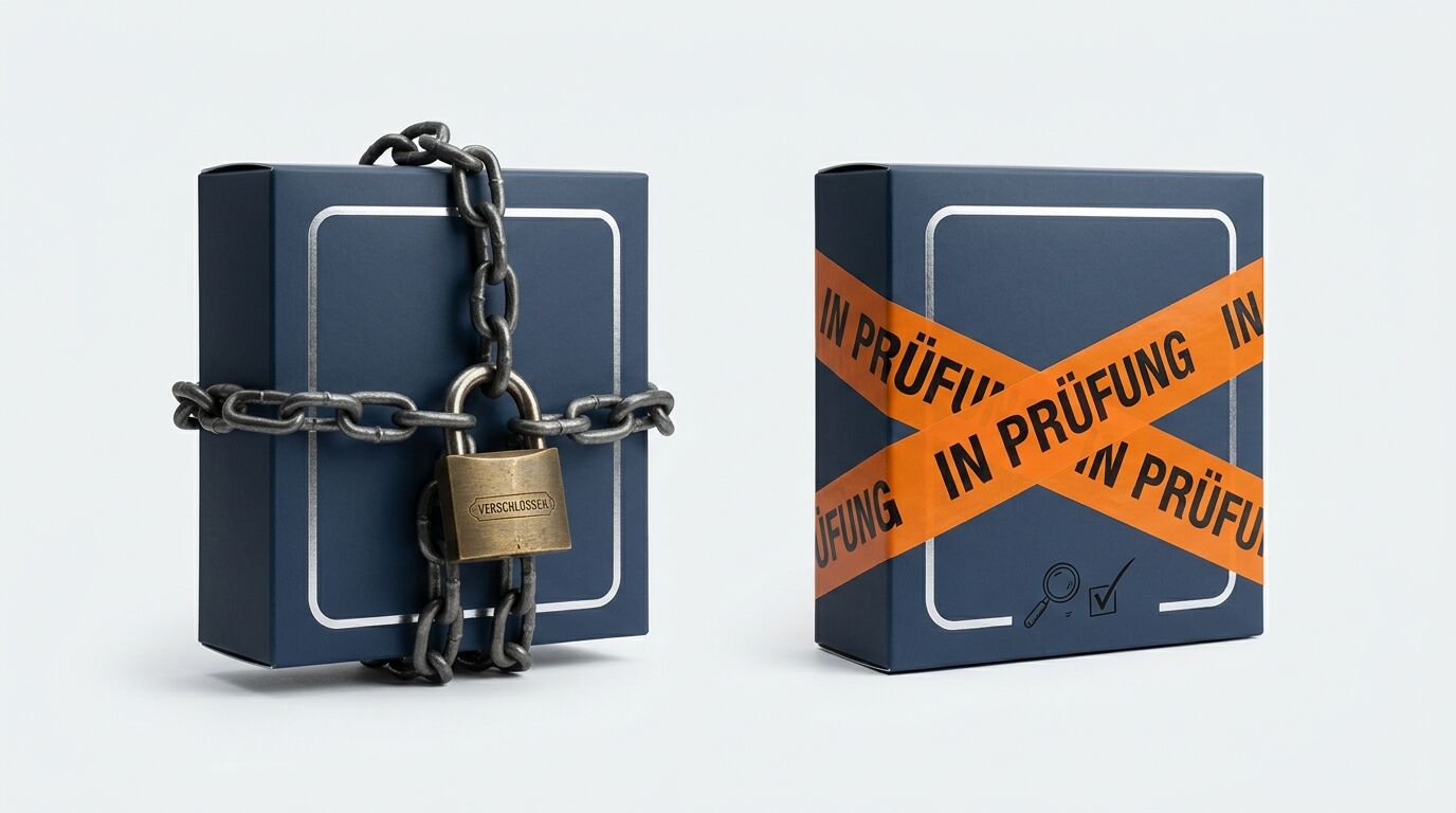 Zwei blaue Boxen: Eine mit Kette und Schloss, die andere mit „In Prüfung“-Band