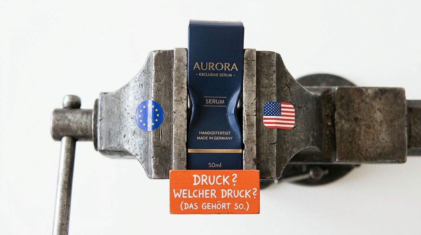 Serum-Verpackung in Schraubstock mit EU-, US-Stickern und Holzschild mit Aufschrift davor