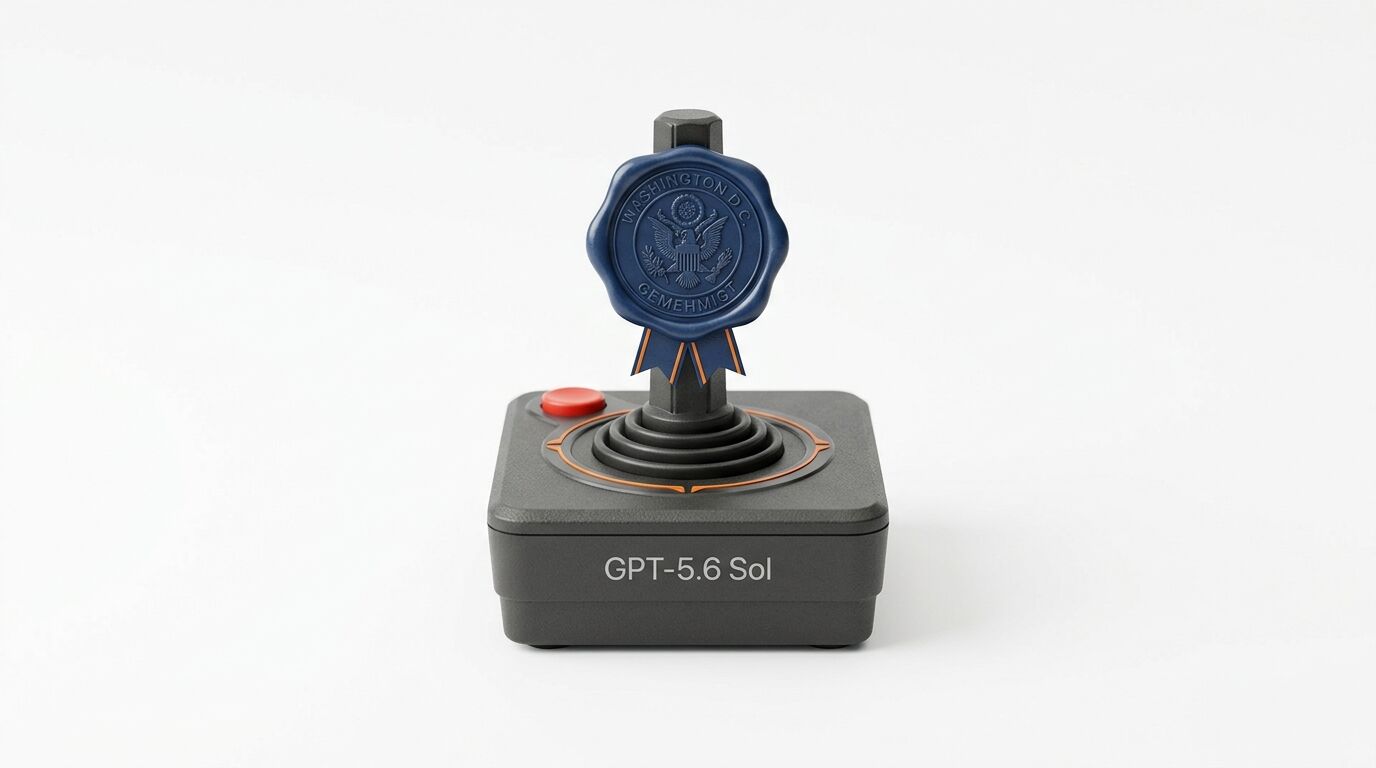 Schwarzer Joystick mit rotem Knopf, Siegel und Aufschrift GPT-5.6 Sol vor weißem Hintergrund