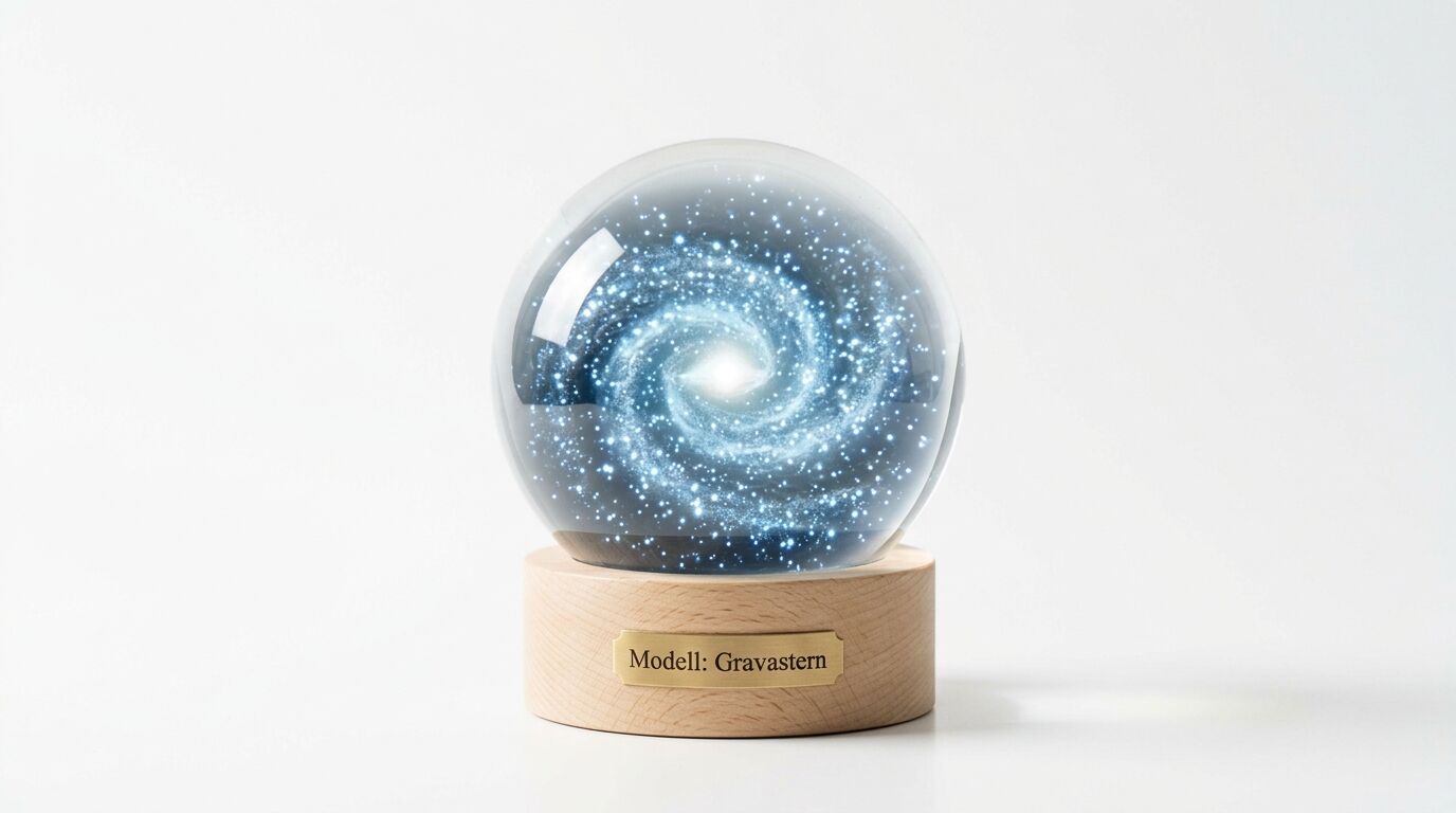 Glaskugel mit leuchtender Spiralgalaxie auf Holzsockel, Plakette mit Text