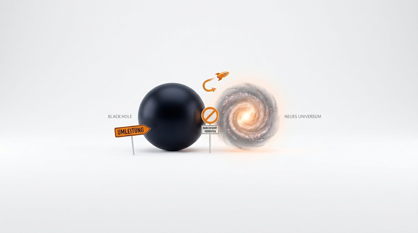 Grafik mit schwarzer Kugel, Galaxie, Rakete und Verkehrsschildern auf weißem Grund