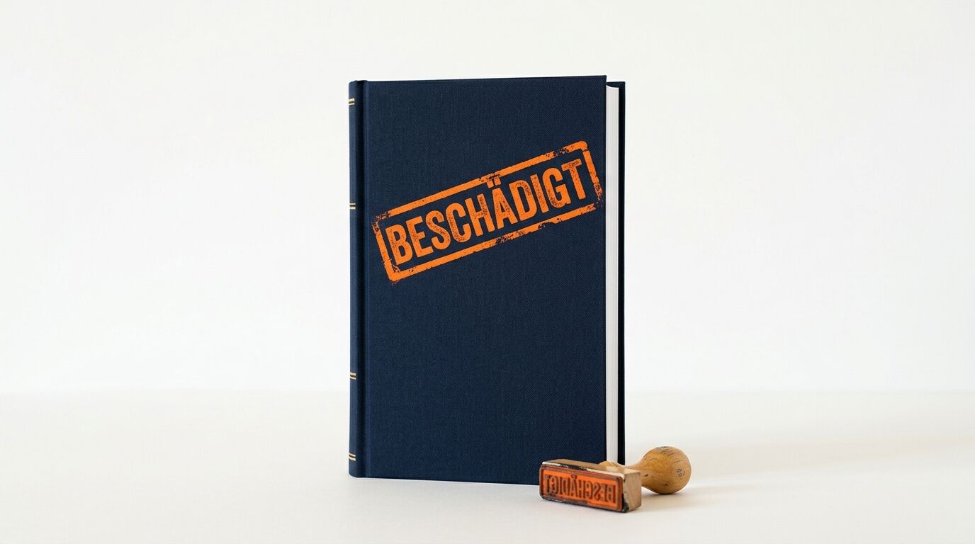 Blaues Buch mit orangefarbenem Stempel