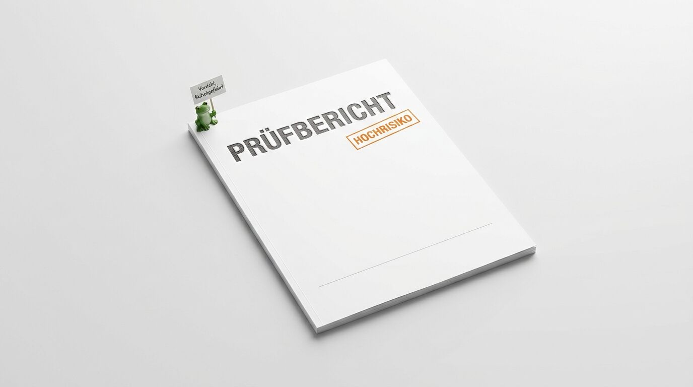 Weißer Prüfbericht mit Aufdruck „HOCHRISIKO“ und Froschfigur mit Warnschild