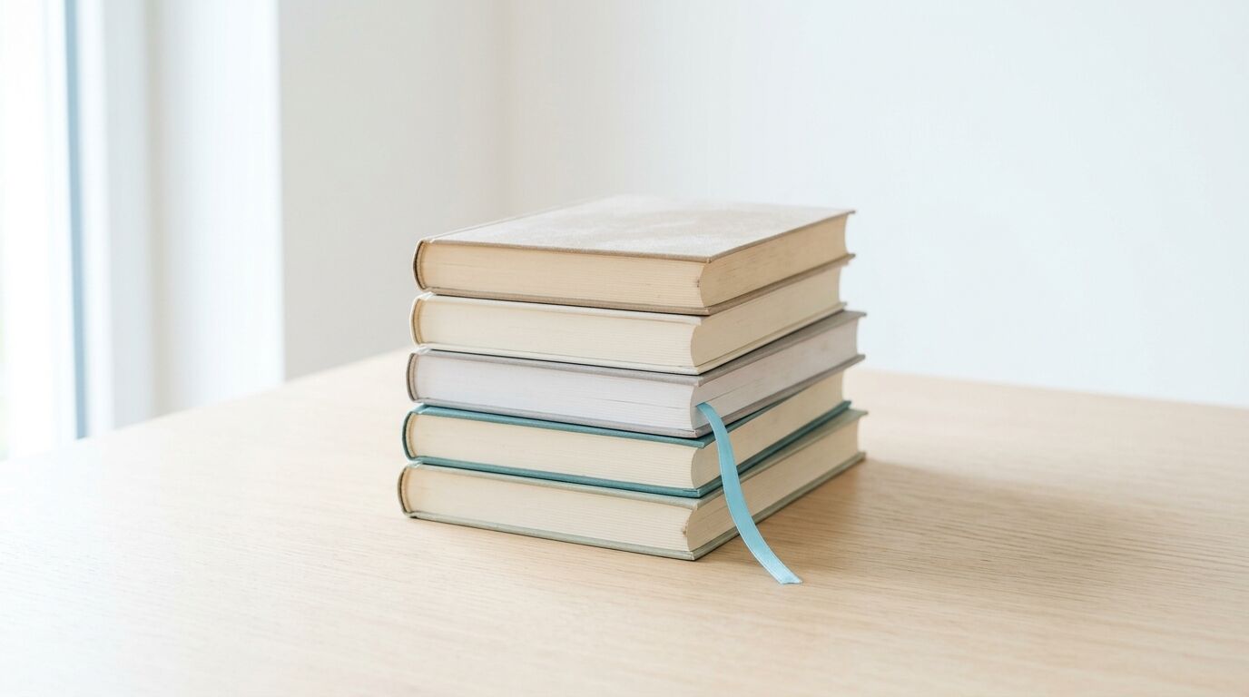 Stapel aus fünf Büchern auf einem Holztisch vor weißem Hintergrund, eins mit blauem Leseband