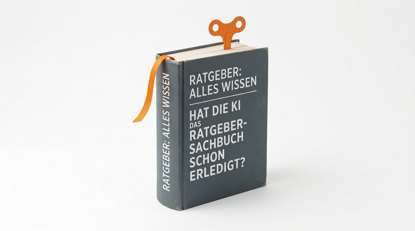 Graues Buch mit orangem Aufziehschlüssel und Lesezeichen auf weißem Grund. Text auf Deutsch