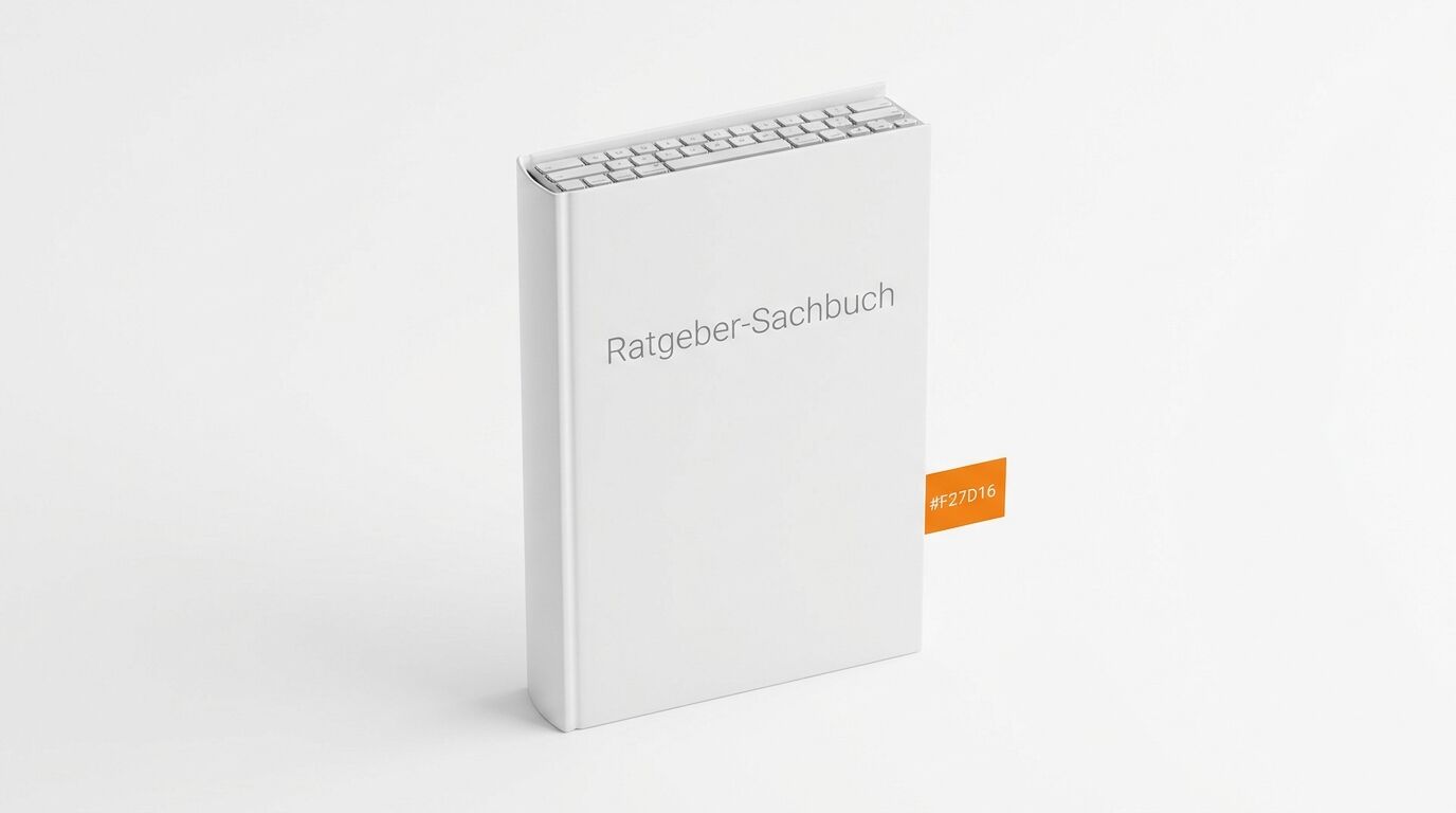 Weißes Buch mit Tastatur oben, Aufschrift „Ratgeber-Sachbuch“ und orangem Fähnchen