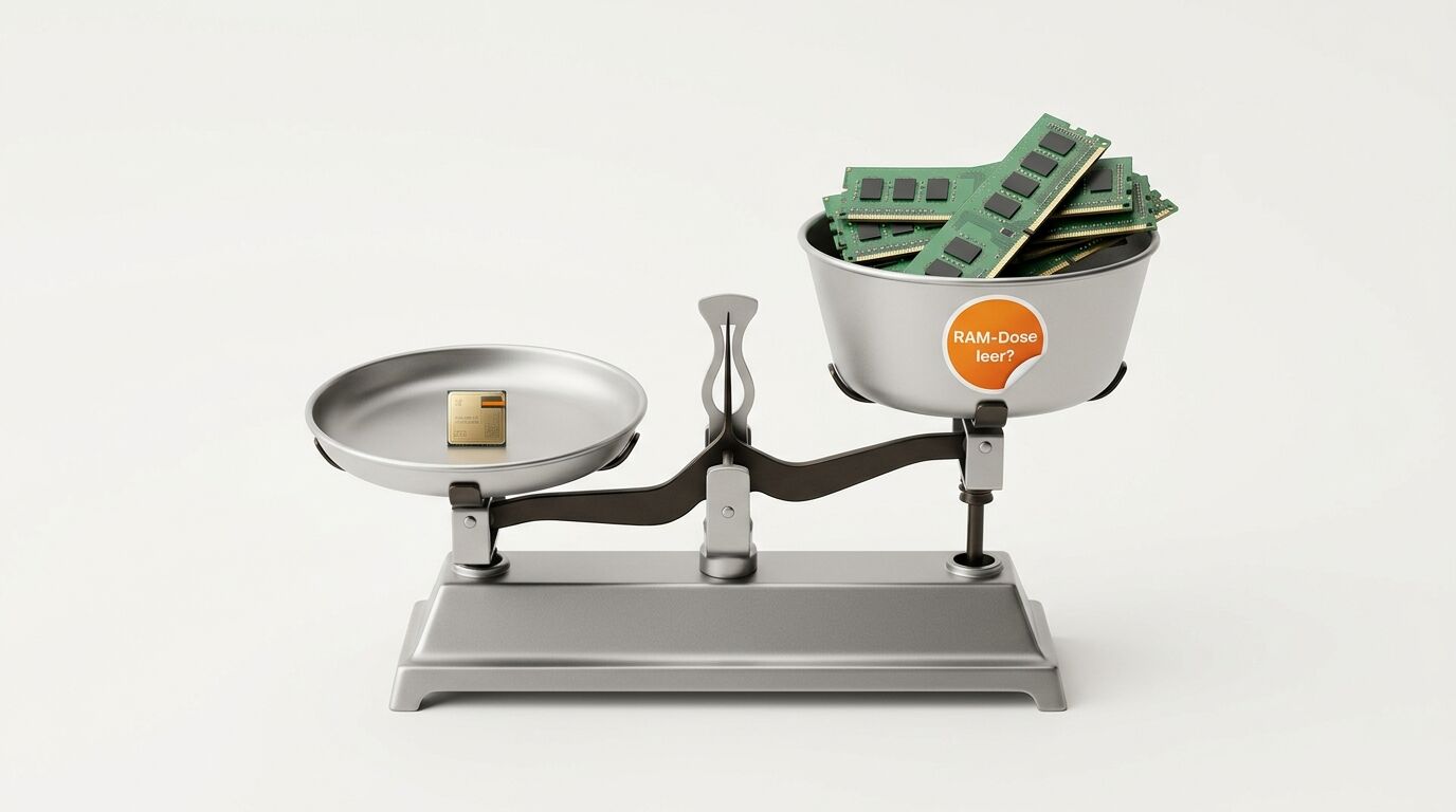 Waage mit Chip links und Schüssel voll RAM-Riegeln rechts, mit Aufkleber 