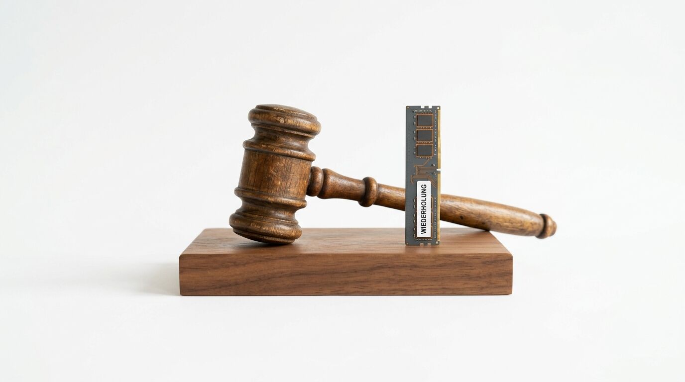 Richterhammer auf Holzblock, daneben ein RAM-Stick mit Aufschrift „WIEDERHOLUNG“