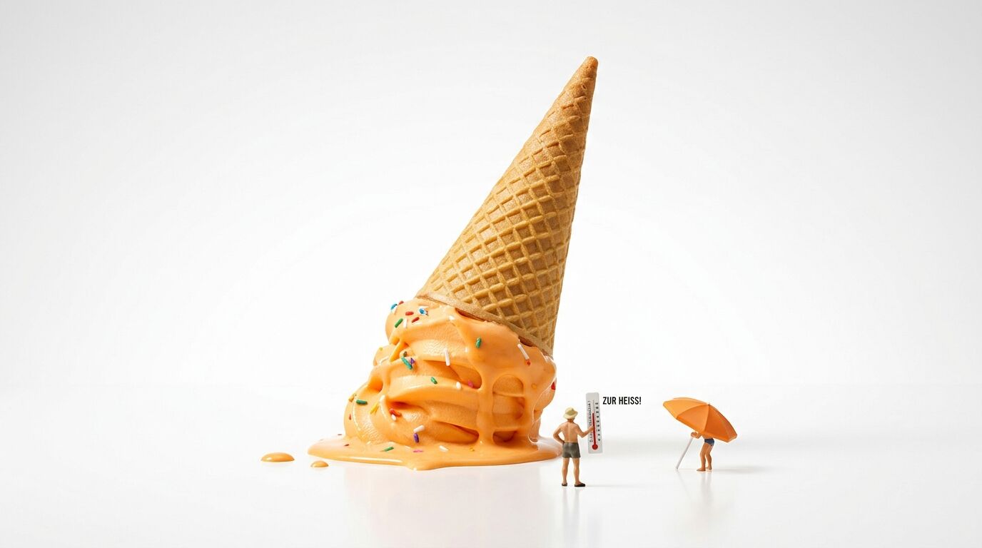 Miniaturfiguren neben schmelzendem Eis mit Waffel. Ein Mann hält Thermometer, „ZUR HEISS!“