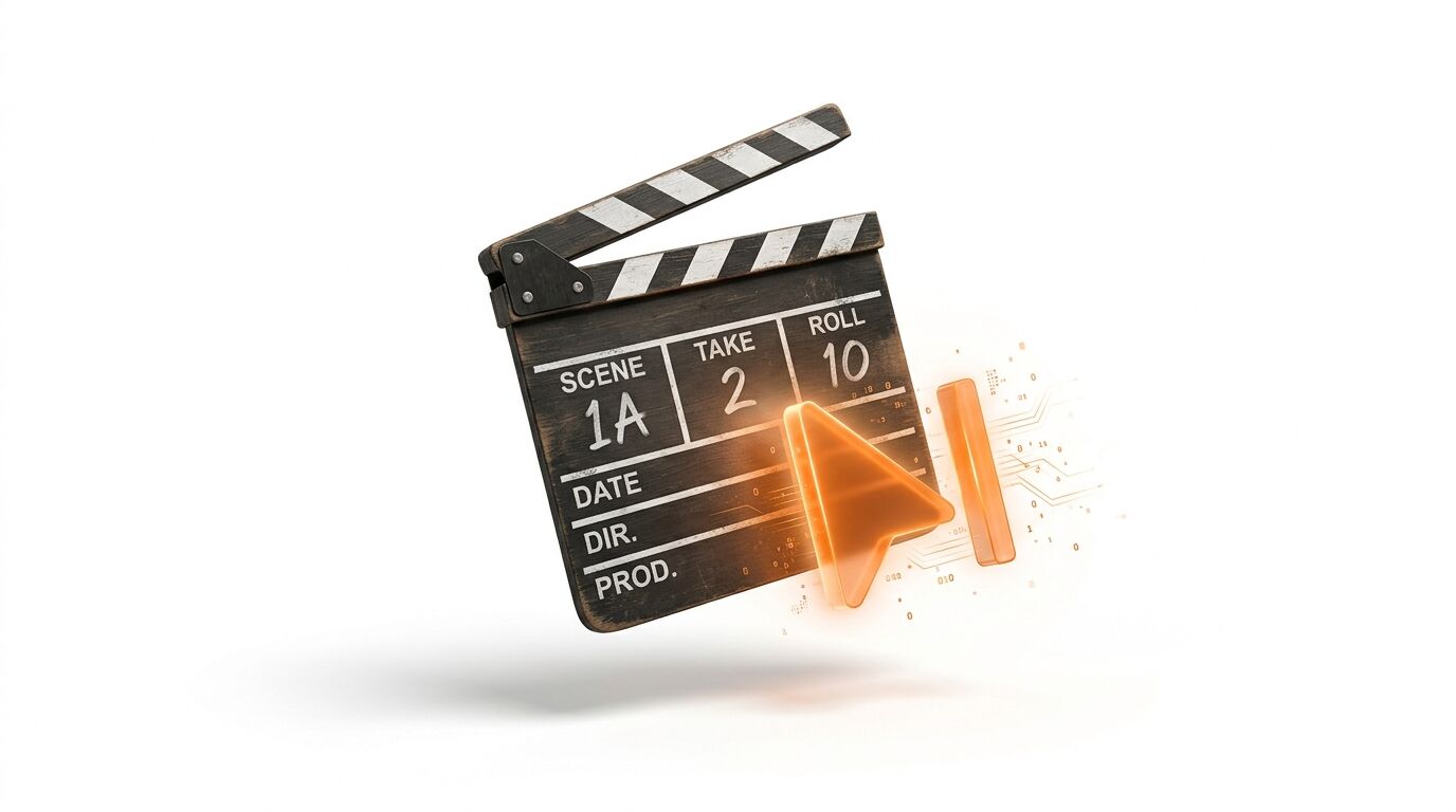 Eine Filmklappe schwebt vor weißem Hintergrund, neben ihr glüht orangefarbenes „AI“ mit Schaltkreisen