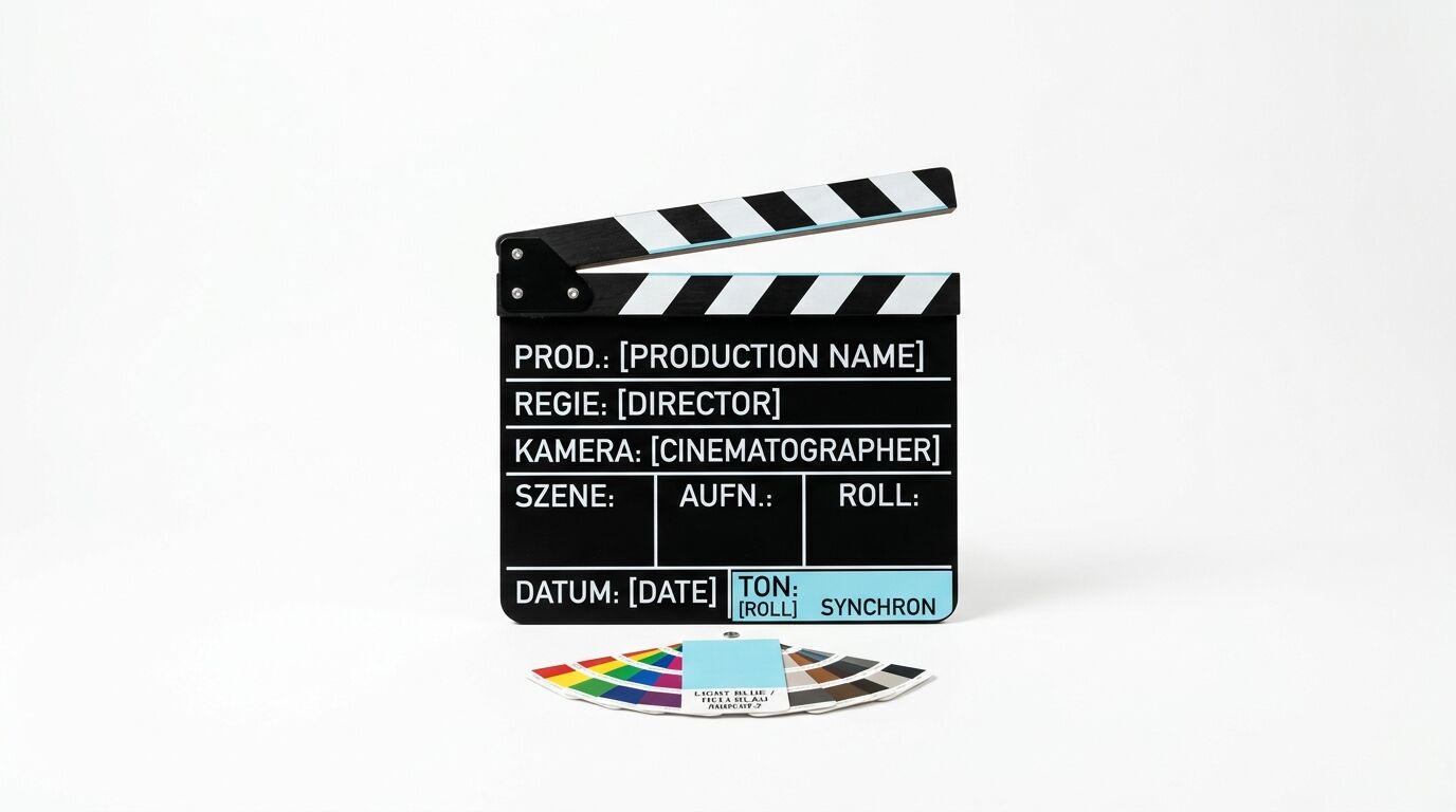 Offene Filmklappe und Farbfächer auf weißem Hintergrund