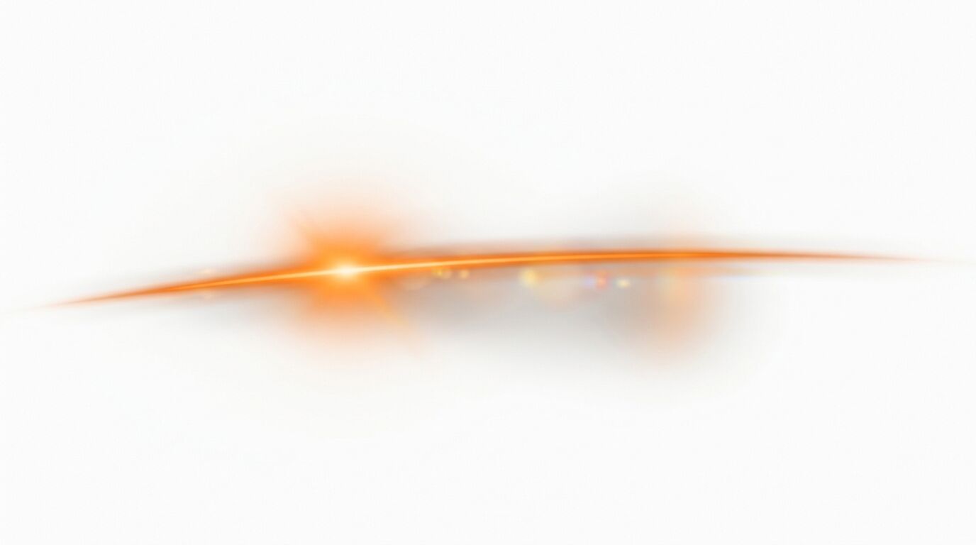 Ein oranger Lichtblitz mit bogenförmigem Schweif und Linseneffekten auf weißem Grund