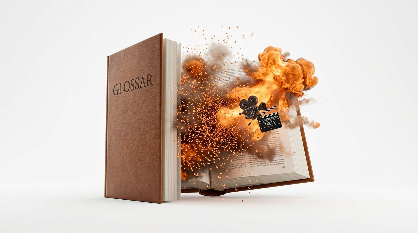 Ein offenes Buch mit der Aufschrift „GLOSSAR“ und einer Explosion von Filmobjekten vor weißem Hintergrund