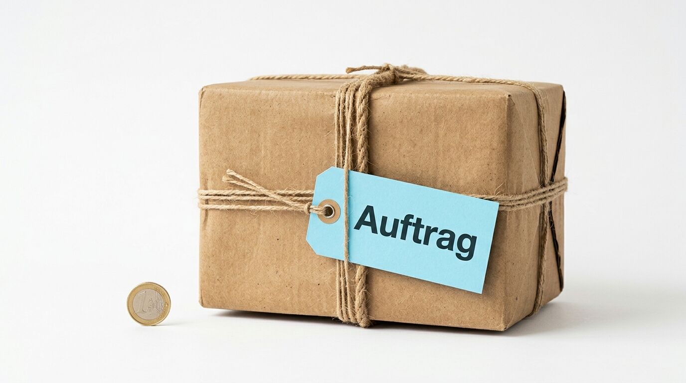 Paket mit Schnur, blauer „Auftrag“-Anhänger und Euro-Münze auf weißem Grund