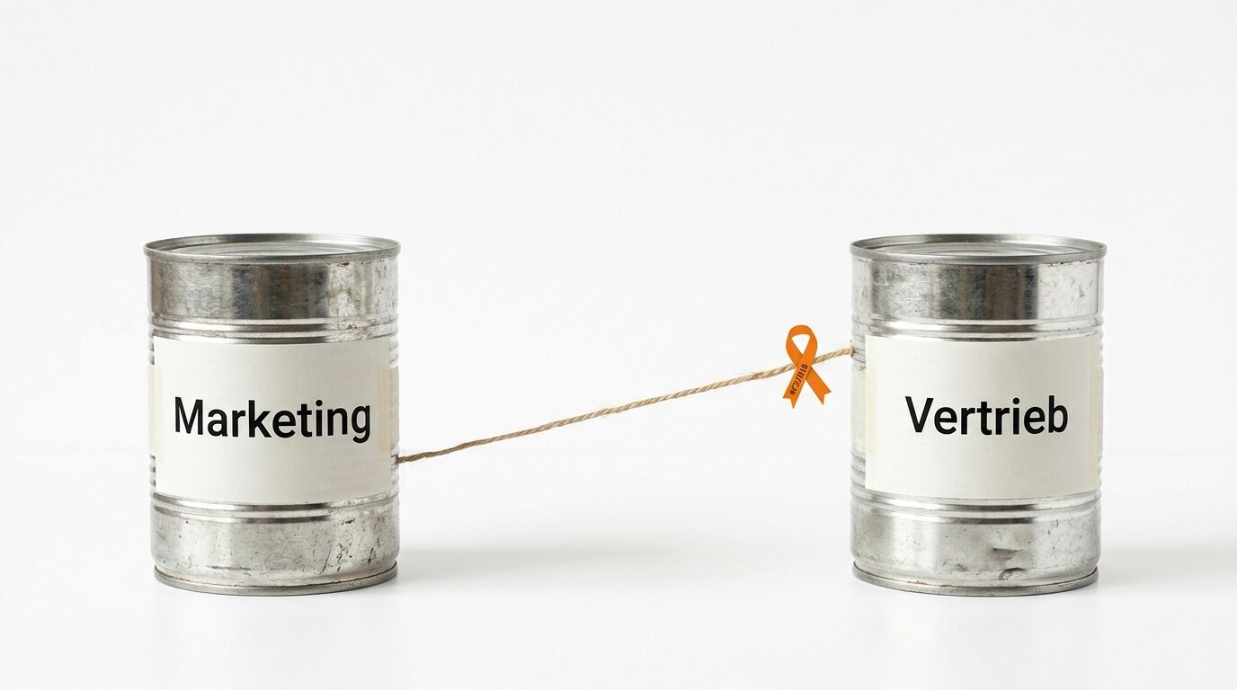 Zwei Blechdosen mit Schnur, beschriftet mit „Marketing und Vertrieb“, verbunden vor Weiß