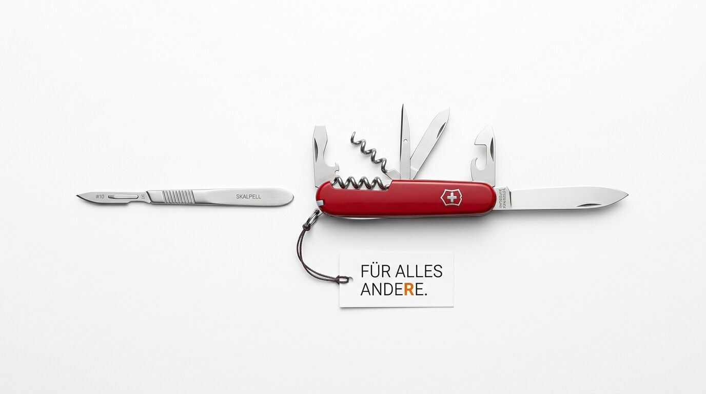 Ein Skalpell und ein Schweizer Taschenmesser mit Textschild auf weißem Hintergrund