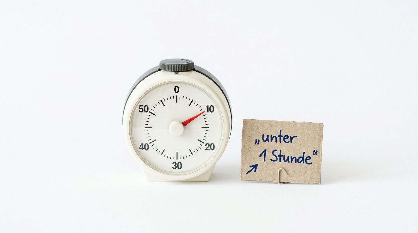Analoge Stoppuhr mit Pappschild und der Aufschrift „unter 1 Stunde“ auf weißem Hintergrund