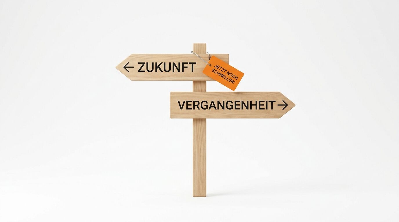 Wegweiser: Zukunft links, Vergangenheit rechts, oranger Anhänger „JETZT NOCH SCHNELLER!“