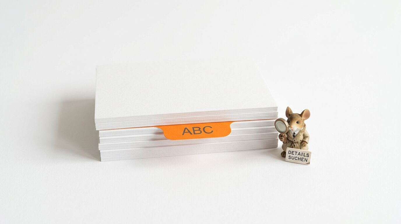 Maus-Figur mit Lupe und Schild neben Karteikarten mit ABC-Register