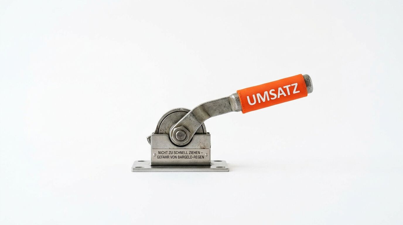 Metallhebel mit orangefarbenem Griff und Aufschrift „UMSATZ“ vor weißem Hintergrund