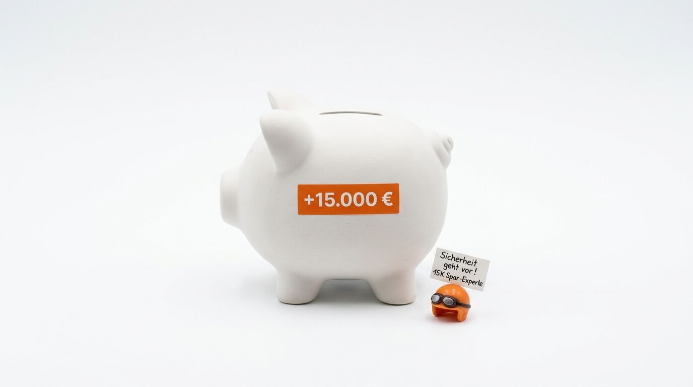 Weißes Sparschwein mit „+15.000 €“, daneben kleiner Helm und Schild mit Text