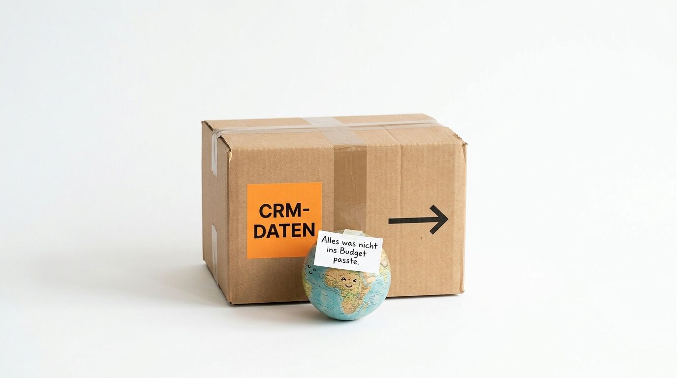 Paket mit „CRM-DATEN“ und kleiner Globus mit Budget-Notiz davor