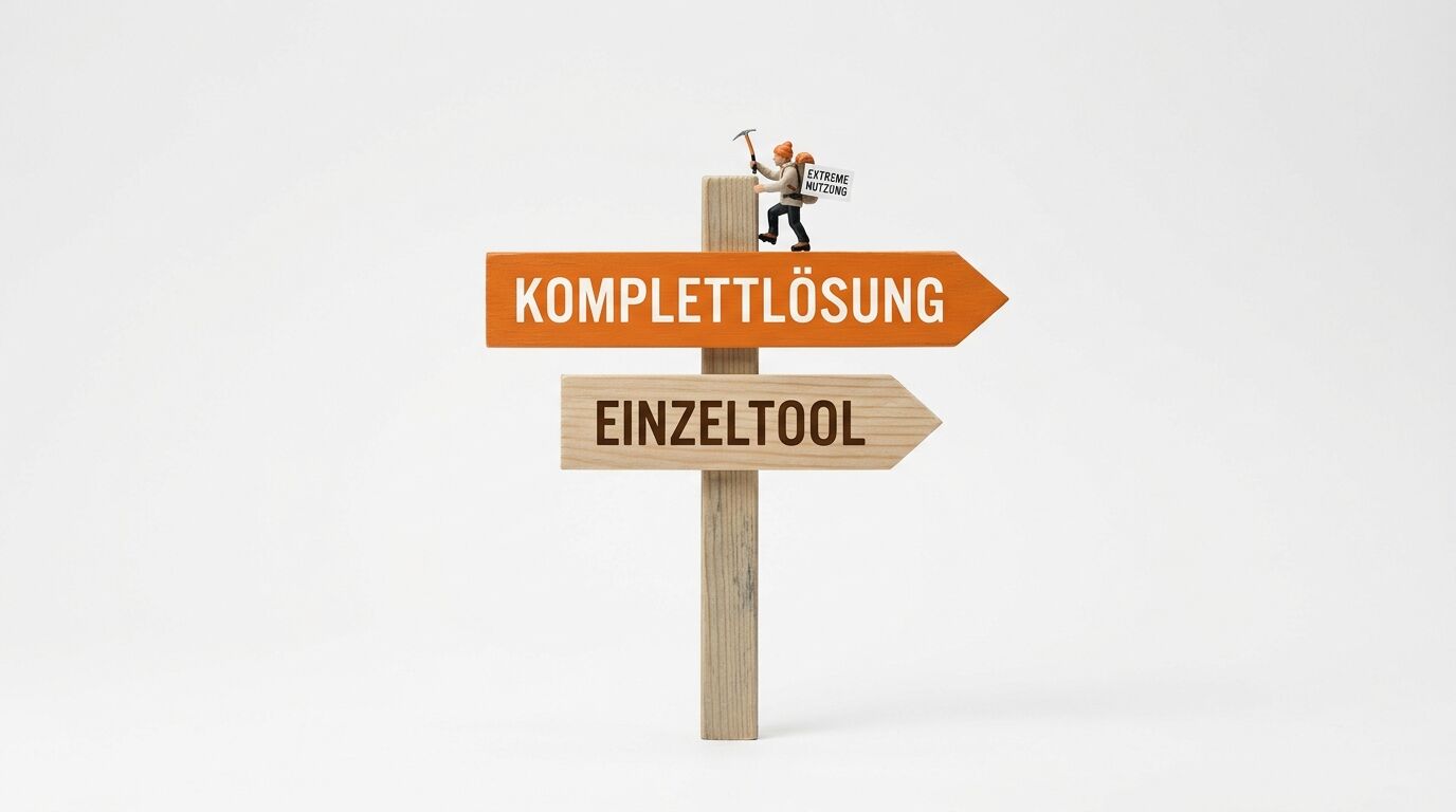 Wegweiser mit Pfeilen für KOMPLETTLÖSUNG und EINZELTOOL, oben Kletterfigur mit Warnschild