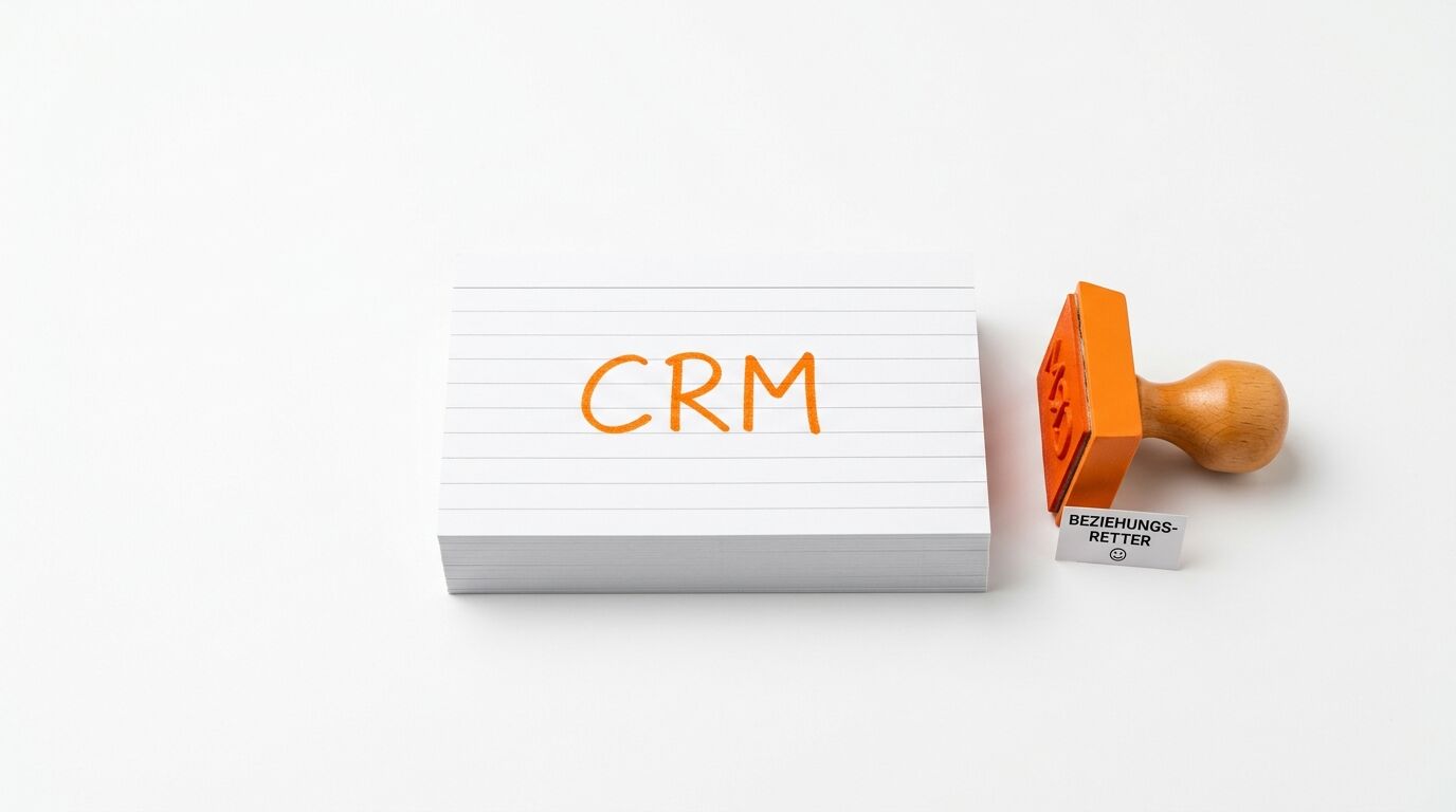 Karteikarten-Stapel mit dem Schriftzug CRM in Orange, daneben ein Stempel und Zettel