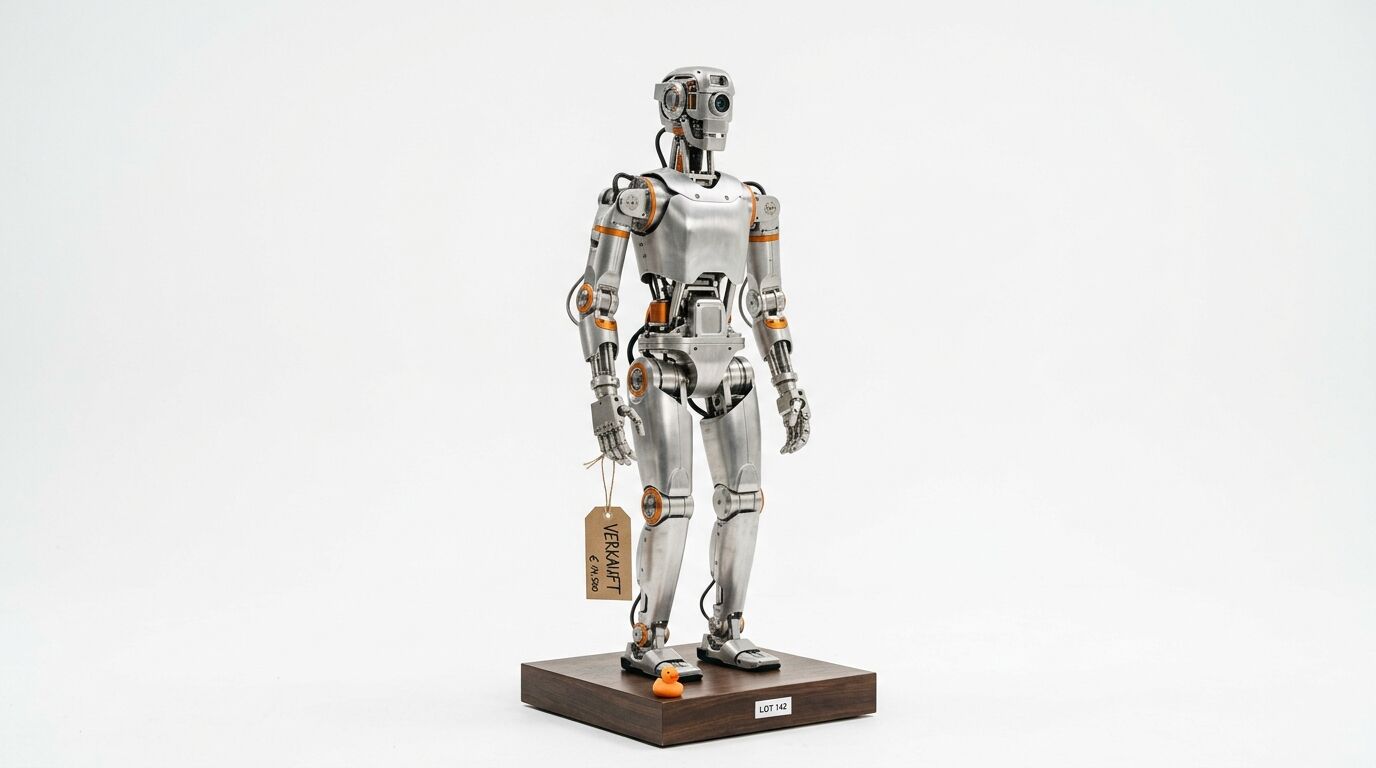 Metallroboter-Skulptur mit Preisschild, Gummiente und Lot-Nummer 142 auf Holzsockel