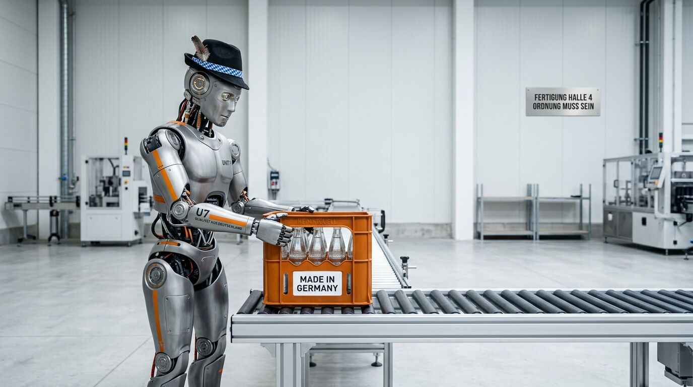 Roboter mit Tirolerhut hebt Getränkekiste am Förderband in Fabrikhalle, Schild „Made in Germany“