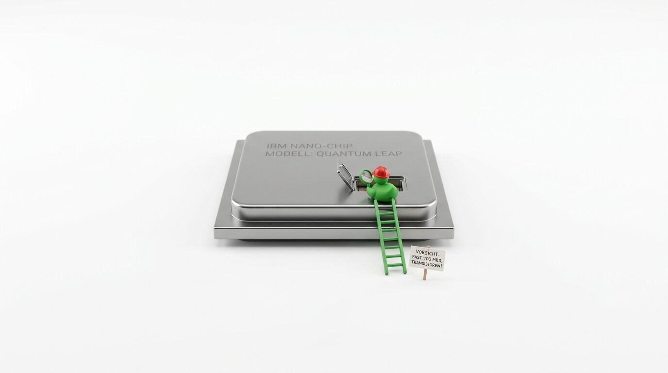Miniaturarbeiter mit Lupe an offenem IBM-Chip; Leiter und Warnschild daneben