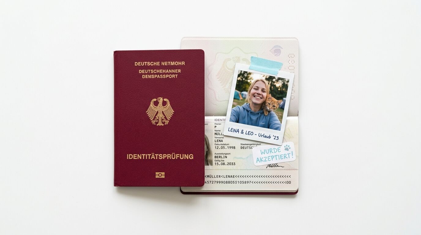Geschlossener und offener deutscher Reisepass mit Foto und Notiz „WURDE AKZEPTIERT!“