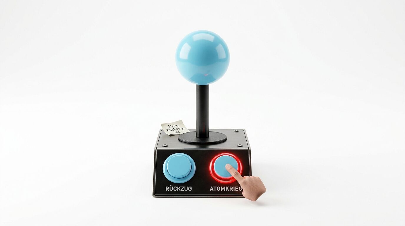 Joystick mit zwei Tasten, Hand drückt die leuchtende rechte Taste beschriftet „ATOMKRIEG“