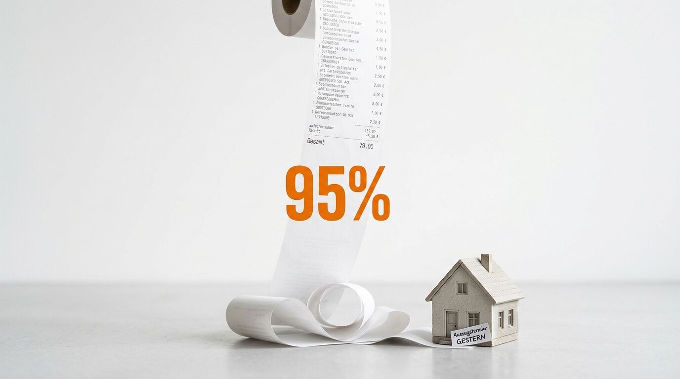 Ein Hausmodell, ein langer Kassenbon mit orangefarbenem „95 %“-Aufdruck und ein Schild