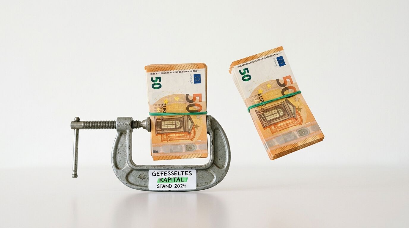 Ein Stapel Euroscheine in einer Schraubzwinge mit Aufschrift und ein freier Stapel daneben