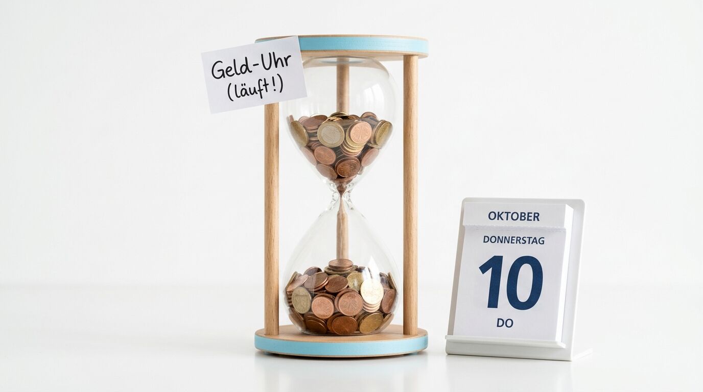 Eine Geld-Sanduhr und ein Kalenderblatt auf weißem Hintergrund
