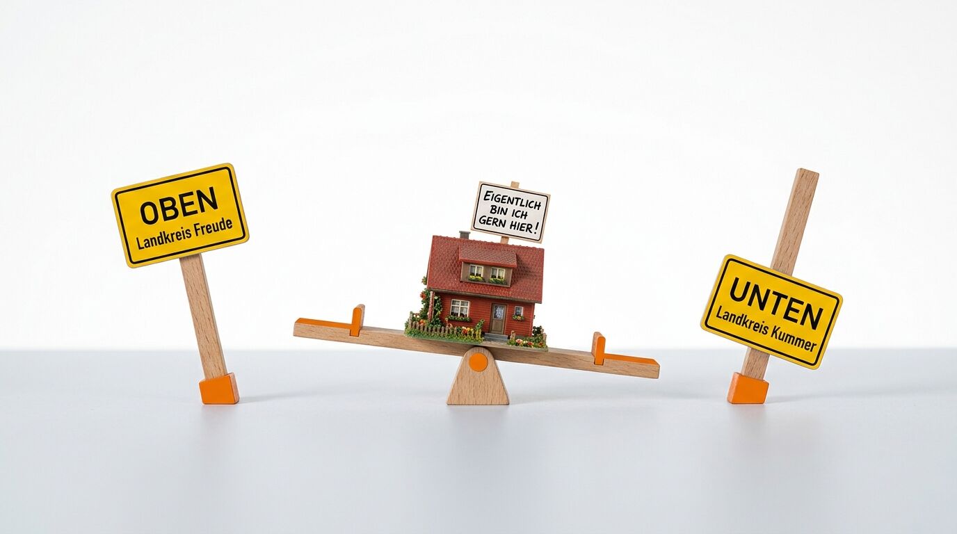 Modellhaus auf Wippe zwischen Schildern OBEN Landkreis Freude und UNTEN Landkreis Kummer