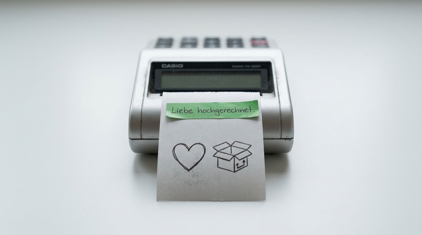 Druckender Casio-Taschenrechner mit Bon und Herz/Paket-Zeichnung vor weißem Hintergrund