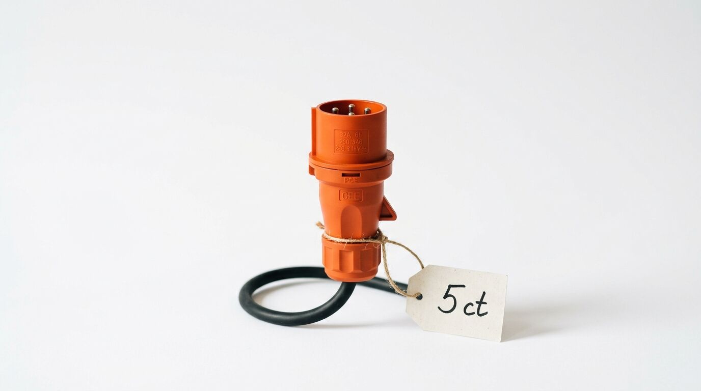 Roter CEE-Stecker mit Kabelstück und Preisschild „5 ct“ auf weißem Grund