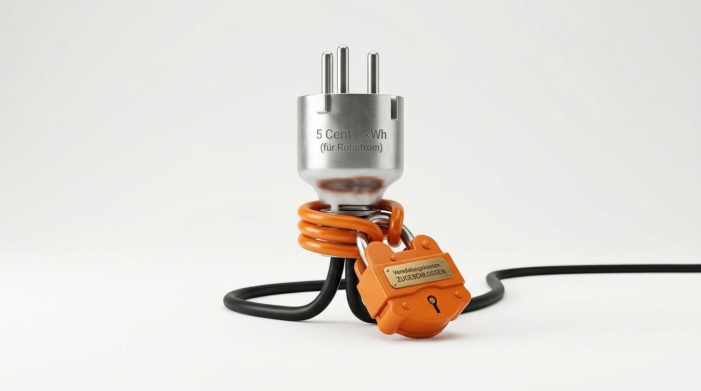 Ein mit Preistext beschrifteter Stecker wird von einem orangefarbenen Vorhängeschloss blockiert
